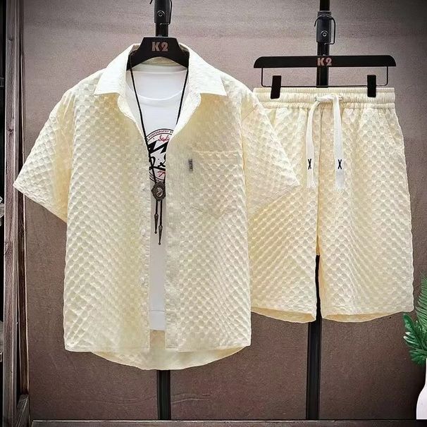 Men's Clothing Summer Solid Color New Suit Thin Sports Leisure Two Piece Suit Handsome Short Sleeved Shirt Shorts Set Trendy_viptrois.com