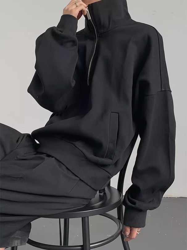 Unisex Heavyweight Half-Zip Sweatshirt – High Street Minimalist Style (Black/Grey, Sizes M-3XL)_viptrois.com