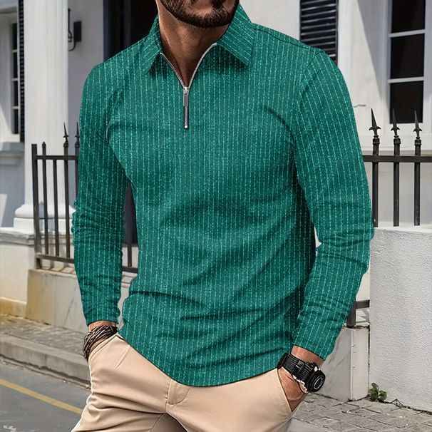 2024 Nueva Camiseta POLO Transfronteriza De Manga Larga A Rayas Ajustadas A La Moda Con Cremallera De Solapa Para Hombres De Europa Y Estados Unidos_viptrois.com