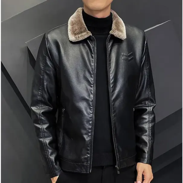 Winter Fashion Warmth Thickened Leather Jacket Lapel Solid Zipper Design Plus Size Men's Leather Jacket Bomber Fleece Coat_viptrois.com