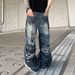 Men's Clothing Summer Street Retro Washed Knife Cut Ripped Jeans Unisex High Street Flared Slimming Floor Mopping Pants_viptrois.com