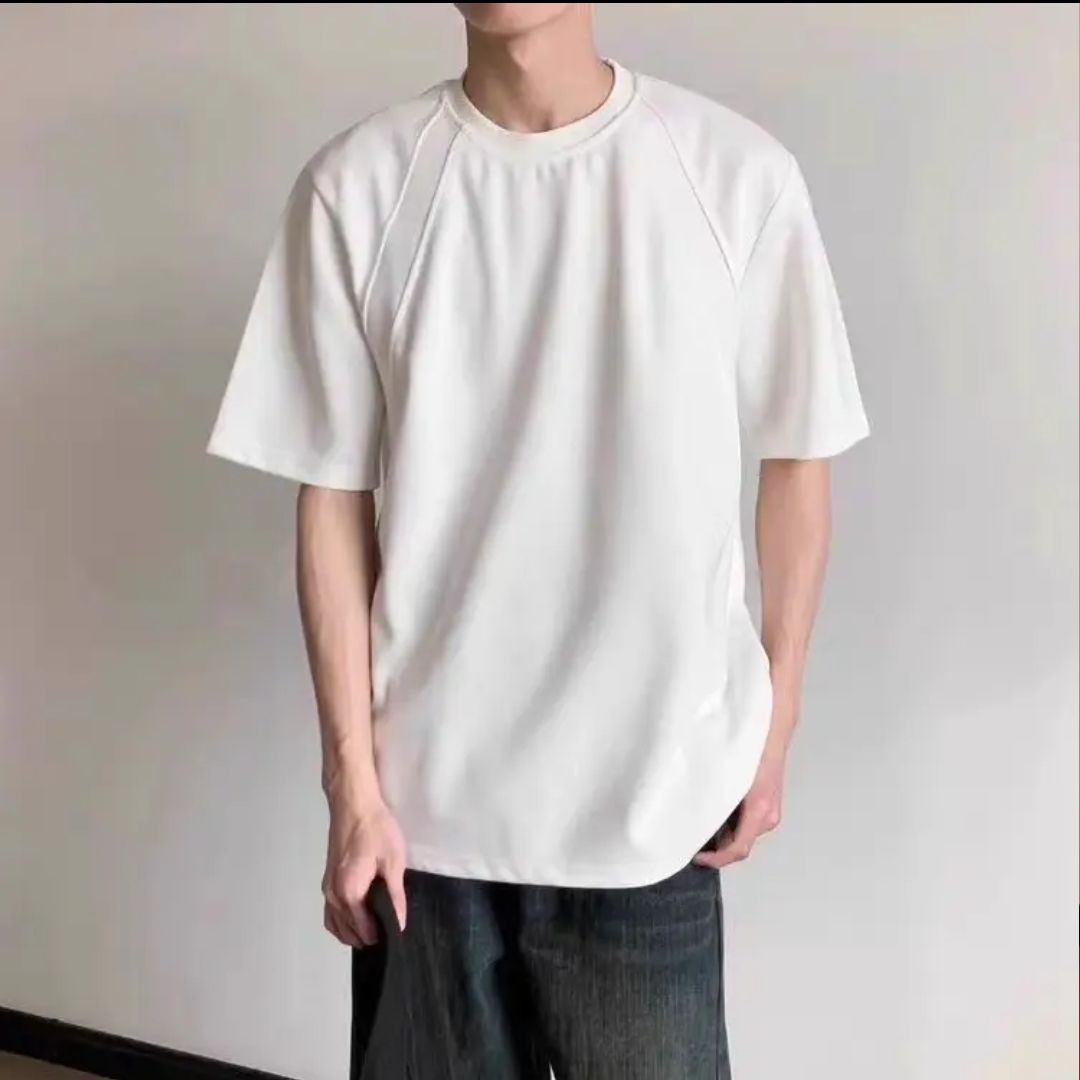 First Eve Summer New Shoulder Short Sleeve Men's Splicing Threaded T-Shirt Crew Neck Simple Solid Color Trendy Men's Top_viptrois.com
