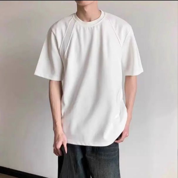 First Eve Summer New Shoulder Short Sleeve Men's Splicing Threaded T-Shirt Crew Neck Simple Solid Color Trendy Men's Top_viptrois.com