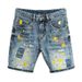 Men's Clothing Washed Blue Ripped Denim Shorts Men's Trendy Ink Splash Graffiti Slim Fit Five Point Pants_viptrois.com