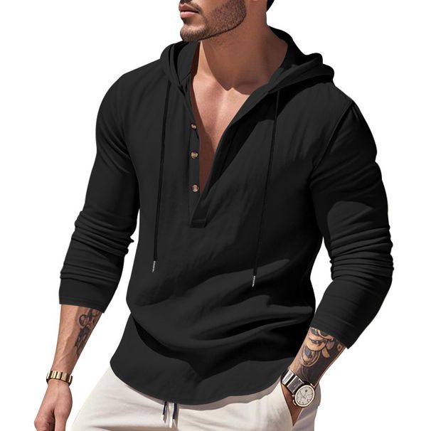 Men's Clothing Loose Linen Men's Breathable Hooded Long Sleeved Beach Henley Bottoming Shirt Men_viptrois.com