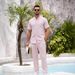 Summer Men's Short Sleeve Shirt And Trousers Two Piece Set Solid Color Casual Suit For Beach Vacation Mature Style_viptrois.com
