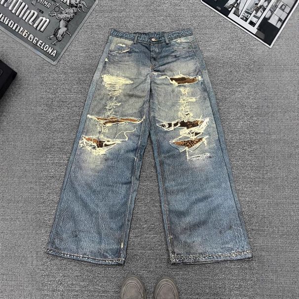 Men's Clothing Ripped Jeans Youth Retro Trend Loose Straight Long Pants_viptrois.com