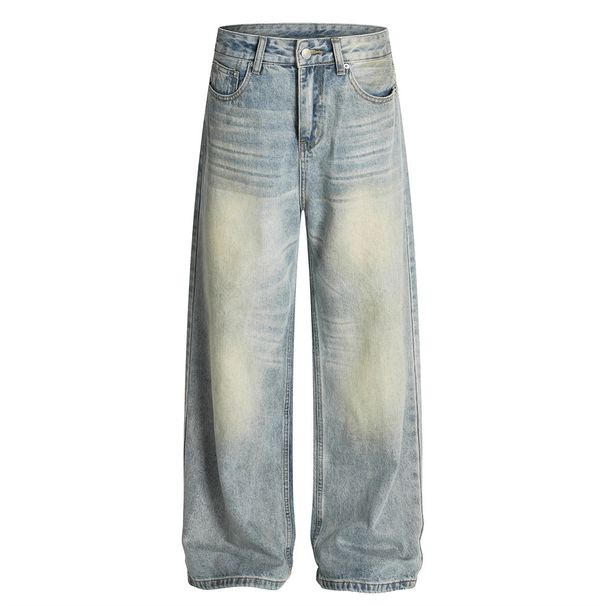 American Punk Vintage Washed Jeans High Street Straight Long Men's Casual Loose Versatile Dad Wide-Leg Pants_viptrois.com