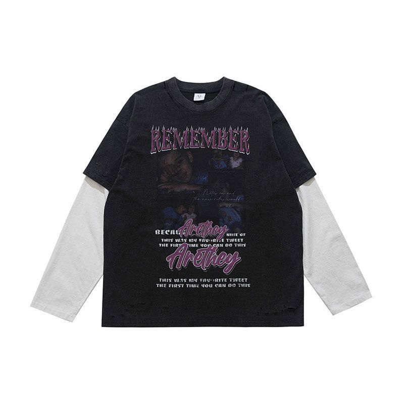 Washed Vintage Portrait Print Patchwork Long-sleeve T-shirt Men Women, Suitable For Spring_viptrois.com