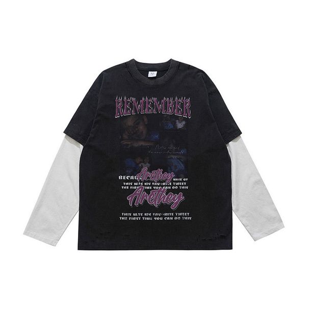 Washed Vintage Portrait Print Patchwork Long-sleeve T-shirt Men Women, Suitable For Spring_viptrois.com
