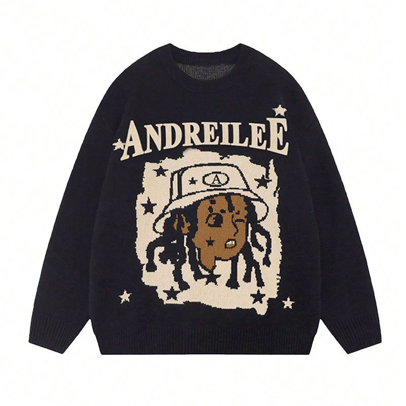 Cartoon Graphic Knit Sweater – Unisex Streetwear Pullover With Playful Print (Black, S-XL)"_viptrois.com