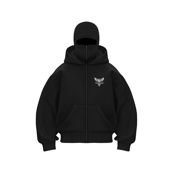 Men's Punk Gothic Zip-Up Hoodie With Double Hoods, Loose Fit, Long Sleeve, Streetwear, Casual Wear For Fall & Winter_viptrois.com
