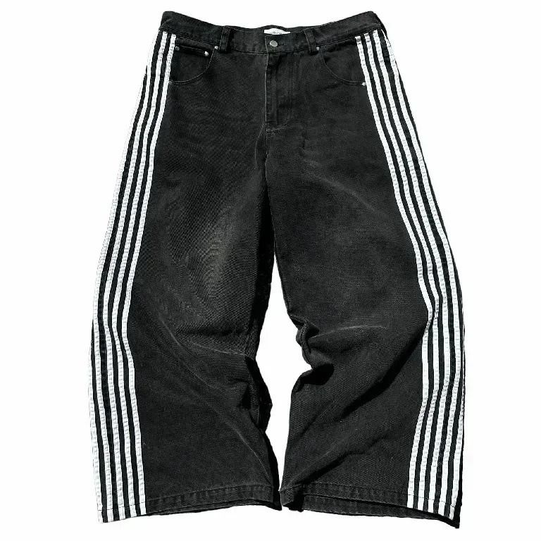 Men's Clothing Retro Striped Stitching Embroidered Jeans Men's Street Casual Loose Straight Wide Leg Mopping Long Pants_viptrois.com