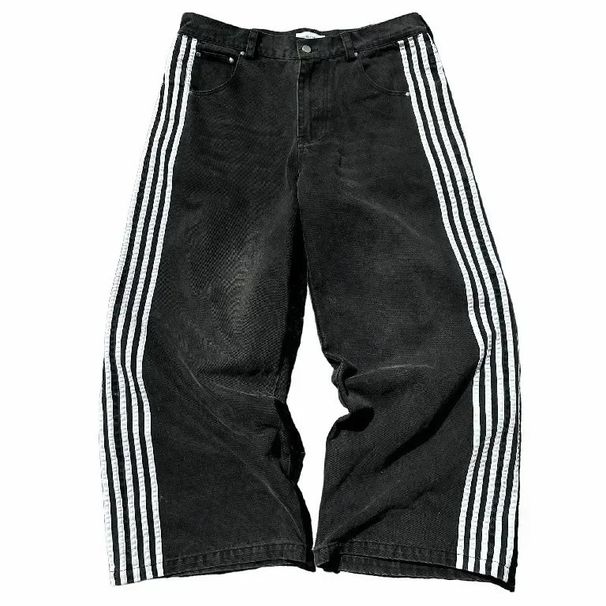 Men's Clothing Retro Striped Stitching Embroidered Jeans Men's Street Casual Loose Straight Wide Leg Mopping Long Pants_viptrois.com