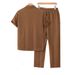 Men's Casual Short Sleeve Shirt & Pants Set, Light Brown Summer Beach Outfit, Comfortable Polyester Blend, S-Xxl_viptrois.com