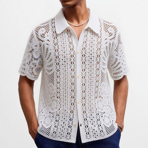 Summer Cross Border Men's Crochet Hollow Short Sleeved Knit Sweater, European And American Style Casual White Cardigan Polo Shirt SY0211_viptrois.com