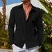 Men's Casual Long Sleeve Shirt Cotton Striped Jacquard Beach Autumn Shirt_viptrois.com