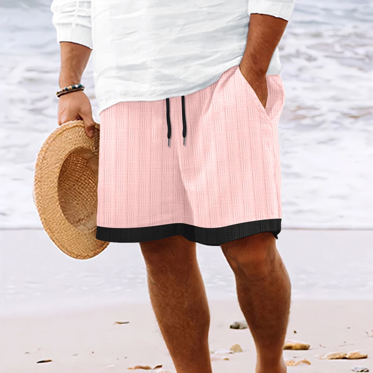 Men's Clothing Independent Station New Shorts With Multiple Pockets, Drawstring Jacquard Men's Beach Pants_viptrois.com