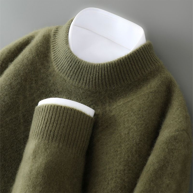 Men’s Jacquard Knit Wool Sweater – Thick Winter Pullover With Solid Colors (Olive Green/Greyish/Quiet Black/Haze Blue/Raw Velvet Rice_viptrois.com