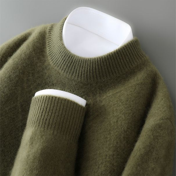 Men’s Jacquard Knit Wool Sweater – Thick Winter Pullover With Solid Colors (Olive Green/Greyish/Quiet Black/Haze Blue/Raw Velvet Rice_viptrois.com