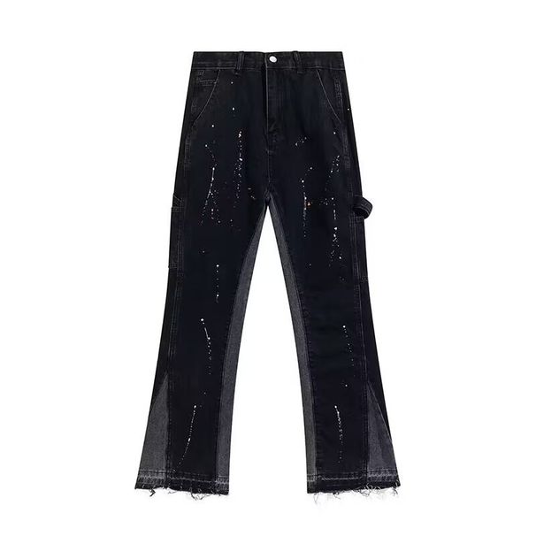 Men's Clothing High Street Ink Splashed Splicing Vibe Style Flared Jeans Loose Floor Length Straight Trousers_viptrois.com