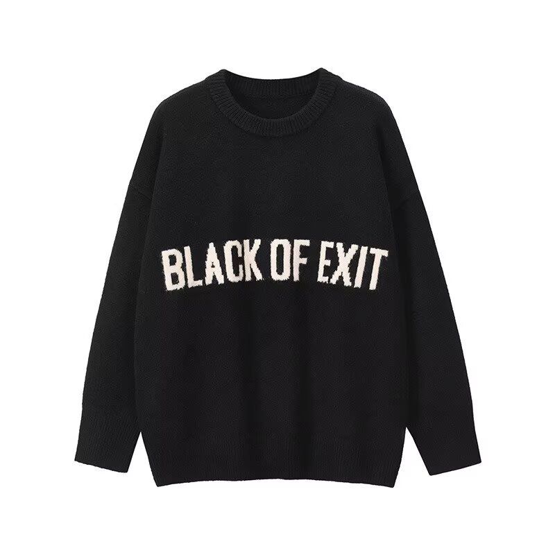 Men's Loose Fit Jacquard Letter Print Crew Neck Sweater - Warm Winter Knit Pullover For Casual & Streetwear (Black, Dark Gray, Light Gray)_viptrois.com
