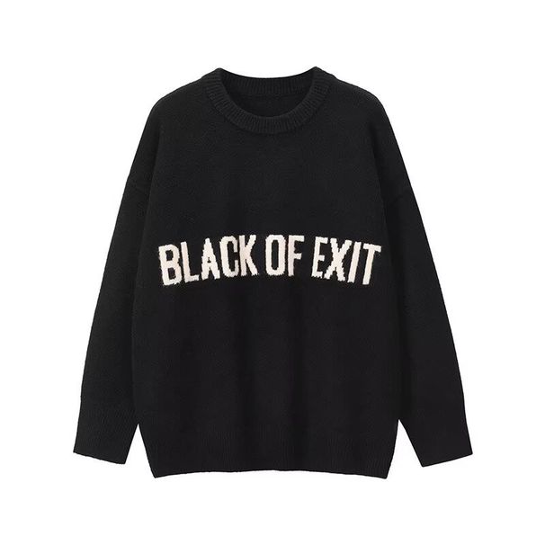 Men's Loose Fit Jacquard Letter Print Crew Neck Sweater - Warm Winter Knit Pullover For Casual & Streetwear (Black, Dark Gray, Light Gray)_viptrois.com