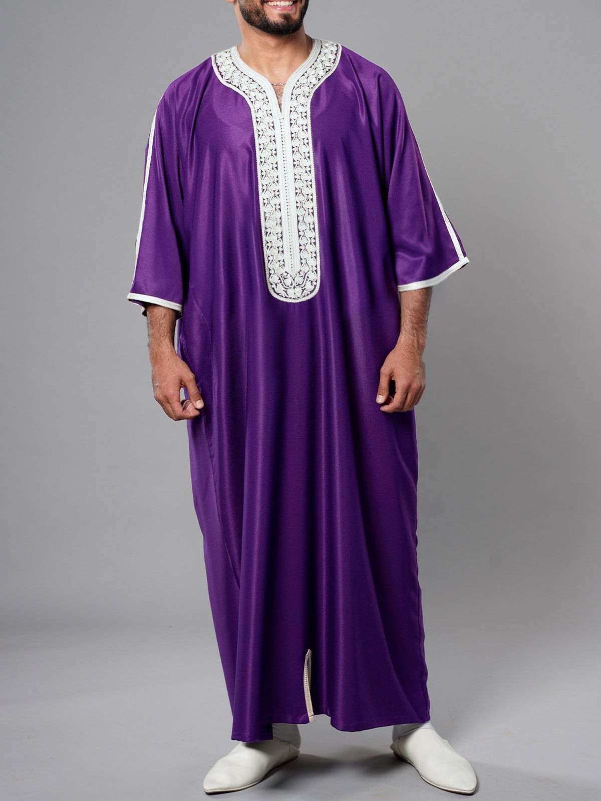 Men's Clothing New Men's Muslim Robe Arab Robe Mid Length Sleeve Embroidery_viptrois.com