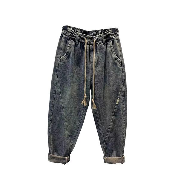 2025 Spring Vintage Patchwork Jeans For Men Loose Drawstring Casual Korean Style Slim Fit Long Pants_viptrois.com