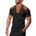 Men's Clothing Retro Lace Up V Neck Fashion Casual Colorblock Short Sleeved T Shirt_viptrois.com