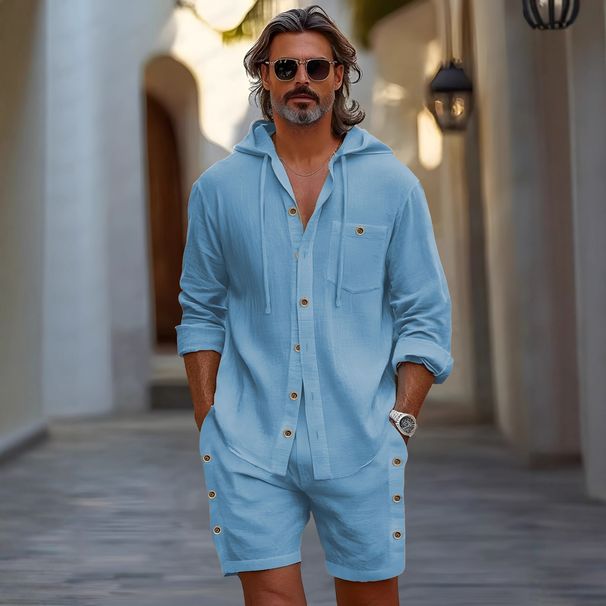 Men's Casual Hooded Shirt & Shorts Set - Lightweight Cotton Blend, Breathable & Comfortable, Streetwear Outfit For Gym, Beach, Travel_viptrois.com