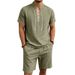 Men's Retro Tie Up Stand Collar Linen Short Sleeve T-Shirt And Shorts Set Summer Trendy Commuter Wear Simple Style_viptrois.com
