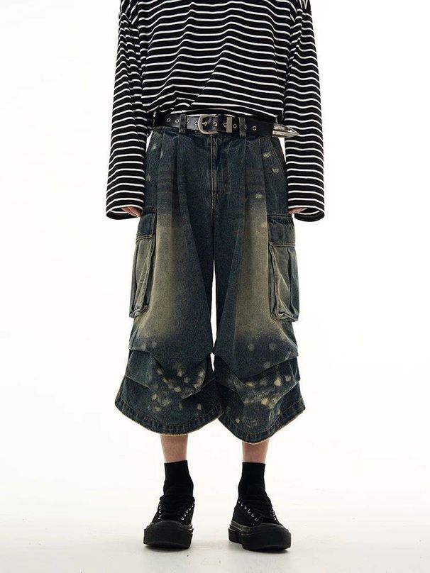 Men's Clothing Store Style Multi Pocket Workwear Denim Shorts Men's Pleated Design Cropped Pants Loose Drape Pants_viptrois.com