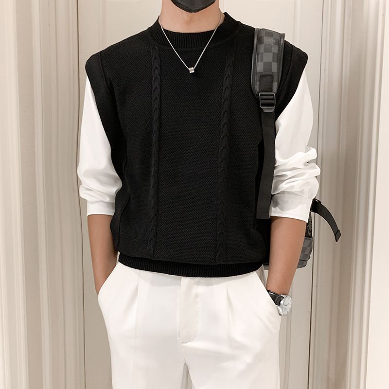 Men's Clothing Autumn And Winter New Fake Two Piece Black Sweater Men's College Style Knitted Sweater Boys Lazy Style Men's Clothing Trend_viptrois.com