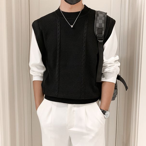 Men's Clothing Autumn And Winter New Fake Two Piece Black Sweater Men's College Style Knitted Sweater Boys Lazy Style Men's Clothing Trend_viptrois.com