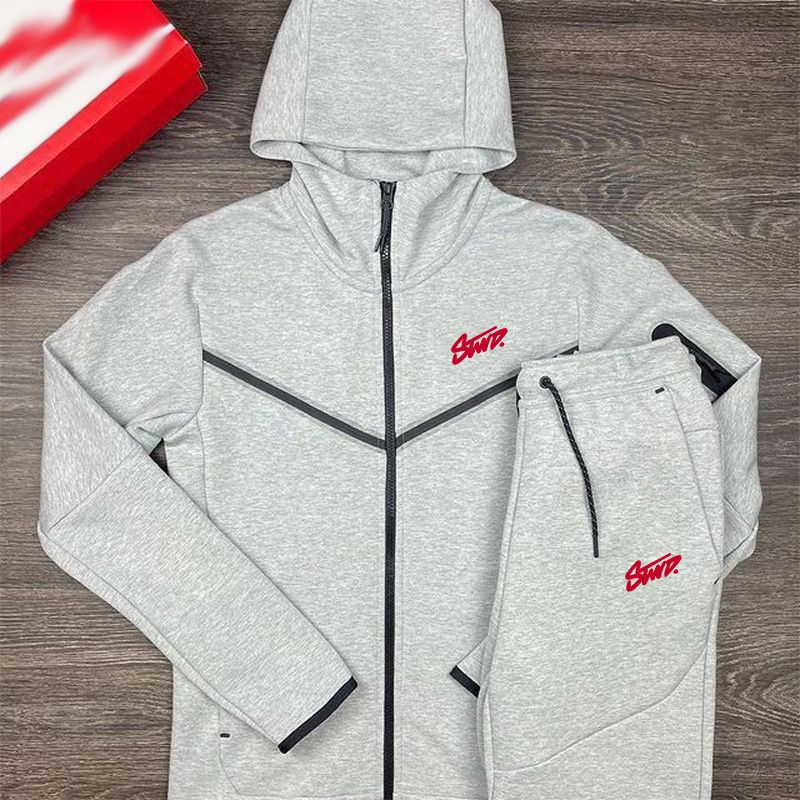 Men's Letter Print Color Block Hooded Tracksuit Set - Casual Zip-Up Sweatshirt & Joggers (Black/Grey, Grey) | S-3xl_viptrois.com