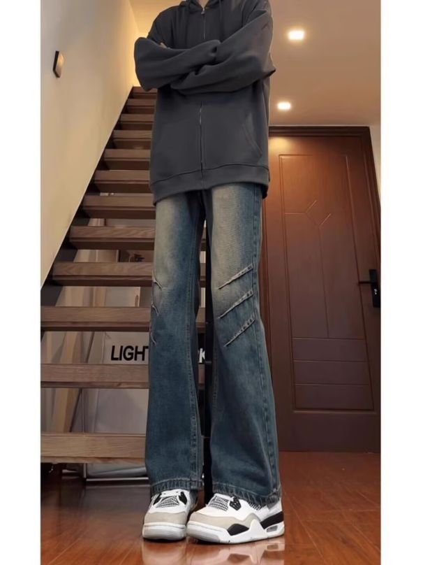 Blue Pleated Micro Flared Jeans For Boys, American Street Vibe Upgrade Pan, High Waisted Straight Leg Curved Knife_viptrois.com