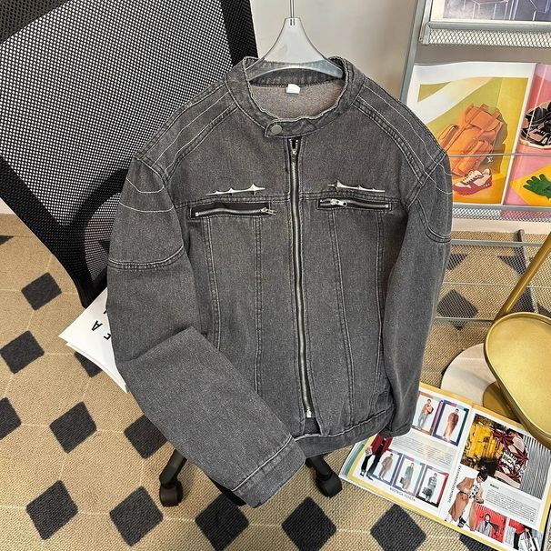 American Short Men High-end Sense Handsome Hairstylist Trendy Brand Men's Clothing Shoulder Pads Stand Collar Denim_viptrois.com
