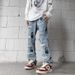 Man's clothing Hipster ripped patch jeans men's loose straight leg heavy pants_viptrois.com