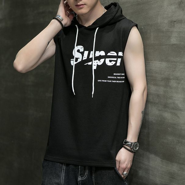 Men's 2024 Summer New Sleeveless T-shirt Korean Version Printed Trendy Brand Loose Sports Waistcoat Hooded Cotton T-shirt Men_viptrois.com