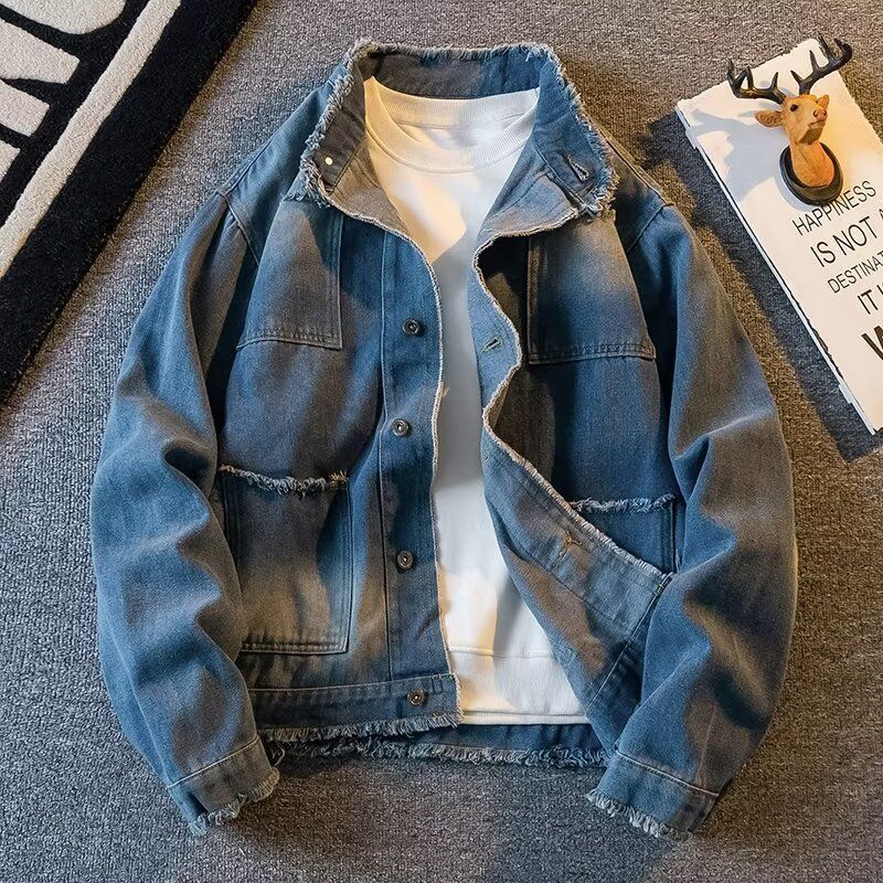 Trendy Men's Long Sleeved Loose Casual Spring Denim Jacket With Collar, Workwear Jacket, Light Blue Top, High-End_viptrois.com