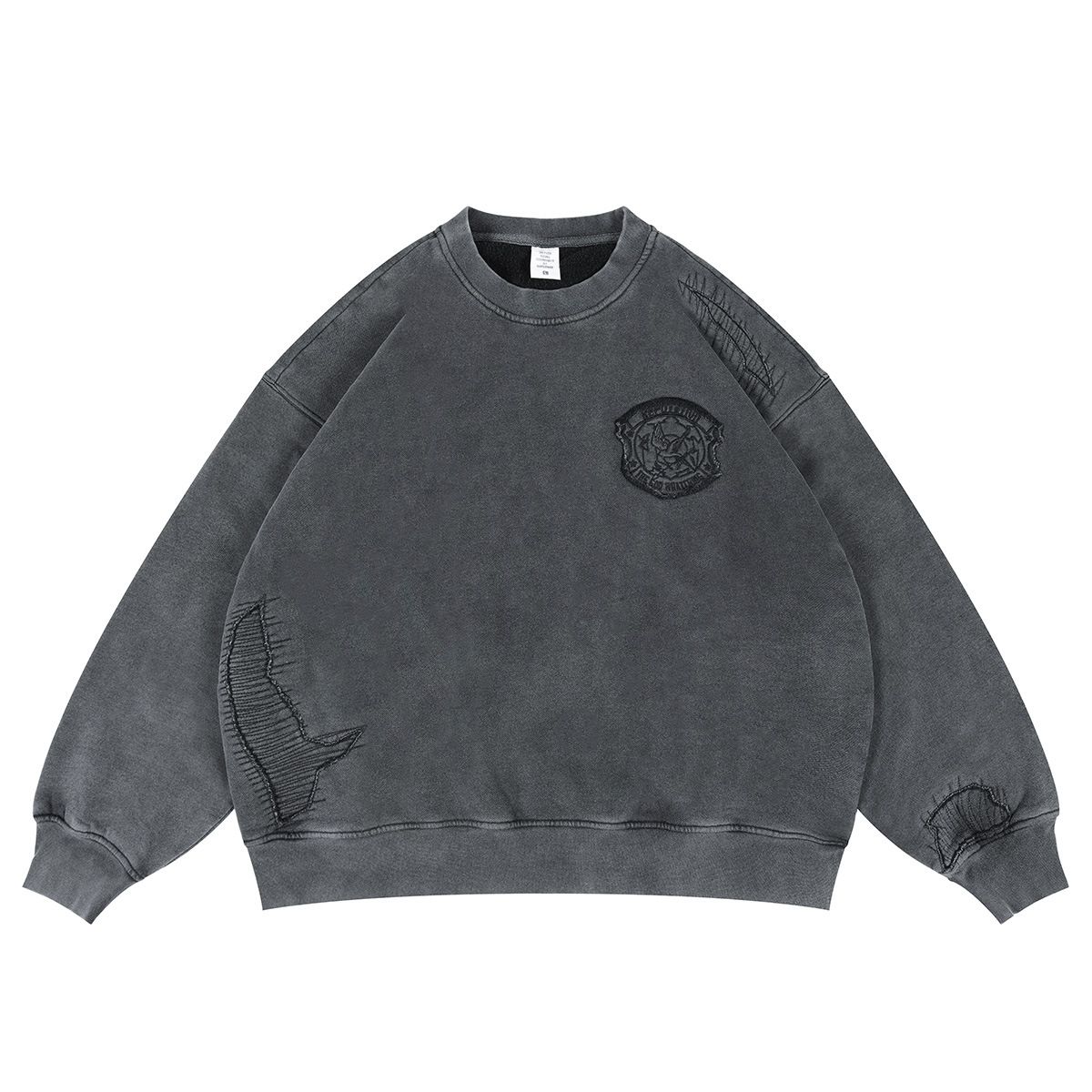 Autumn Winter New Trendy Brand Washed Fleece Top With Badge Embroidery Crew Neck Sweatshirt_viptrois.com