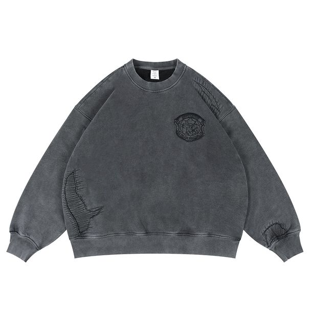 Autumn Winter New Trendy Brand Washed Fleece Top With Badge Embroidery Crew Neck Sweatshirt_viptrois.com
