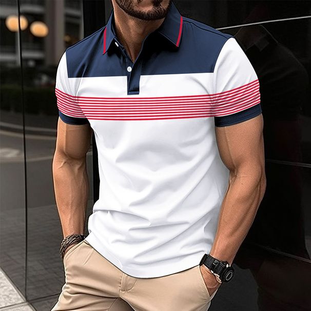 Street Fashion Stripe Men's Polo T-Shirt Summer Short Sleeves Print Tops Button T Shirt Oversized Clothing Casual Golf Shirts_viptrois.com