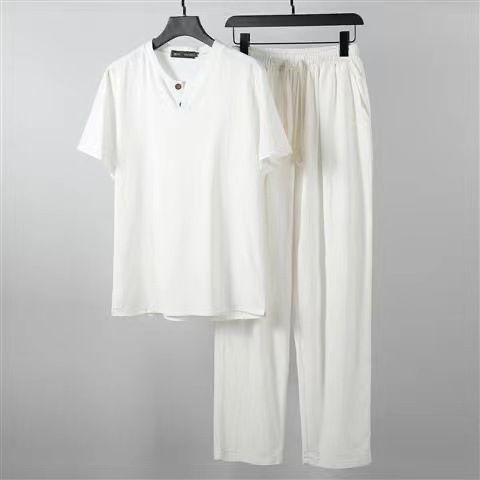 Men's Summer Thin Linen T-Shirt Set Chinese Style Tang Suit Lay Buddhist Meditation Robe Two Piece Cotton Linen Clothing_viptrois.com