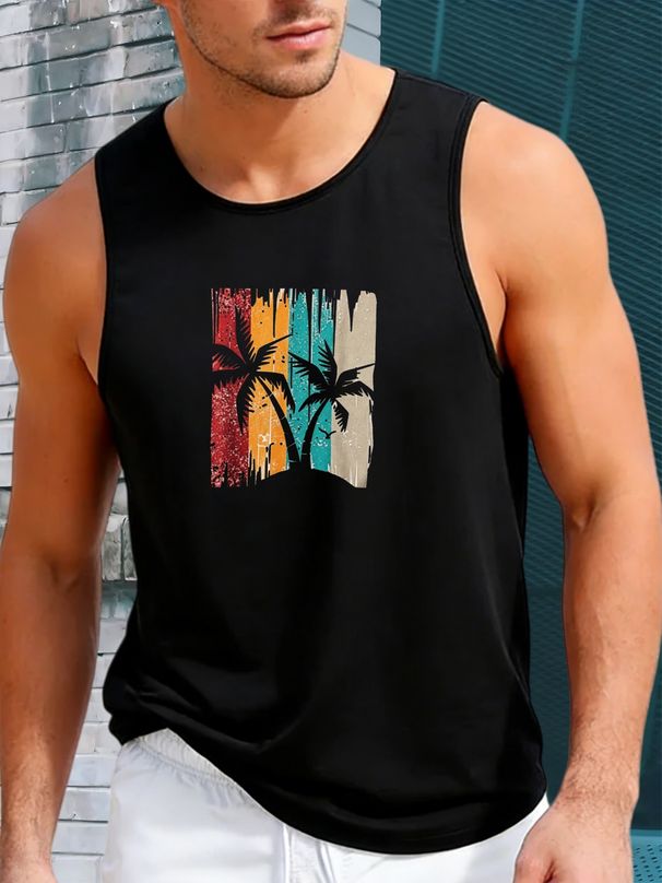 Canotta Uomo Girocollo 100% Cotone Stampa Palme Stile Vintage Traspirante Senza Maniche Fitness Outdoor Spiaggia Multicolore_viptrois.com