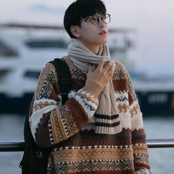 Pure Fair Isle Jacquard Christmas For Men Japanese Lazy High-End Thickened Retro Inner Winter Knit Sweater_viptrois.com