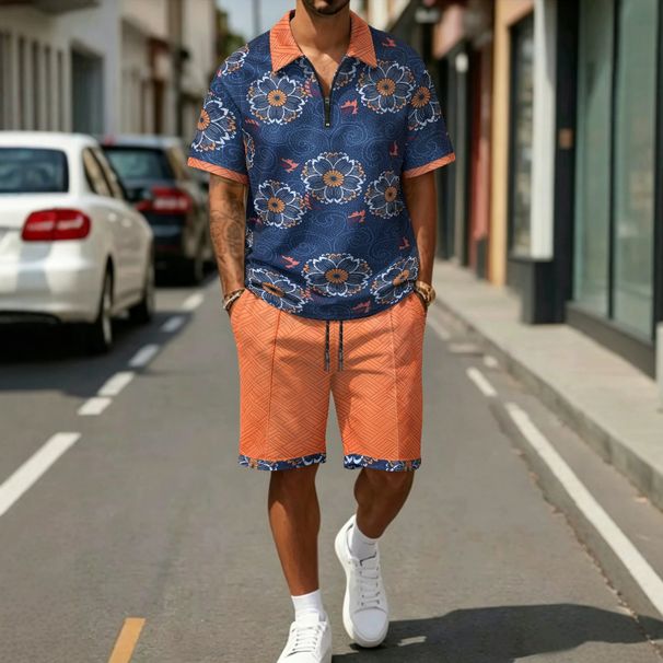 Men's Casual Summer Polo & Shorts Set – Breathable Printed Short-Sleeve Shirt With Comfort Fit – Trendy Two-Piece Outfit For Streetwear & Travel_viptrois.com