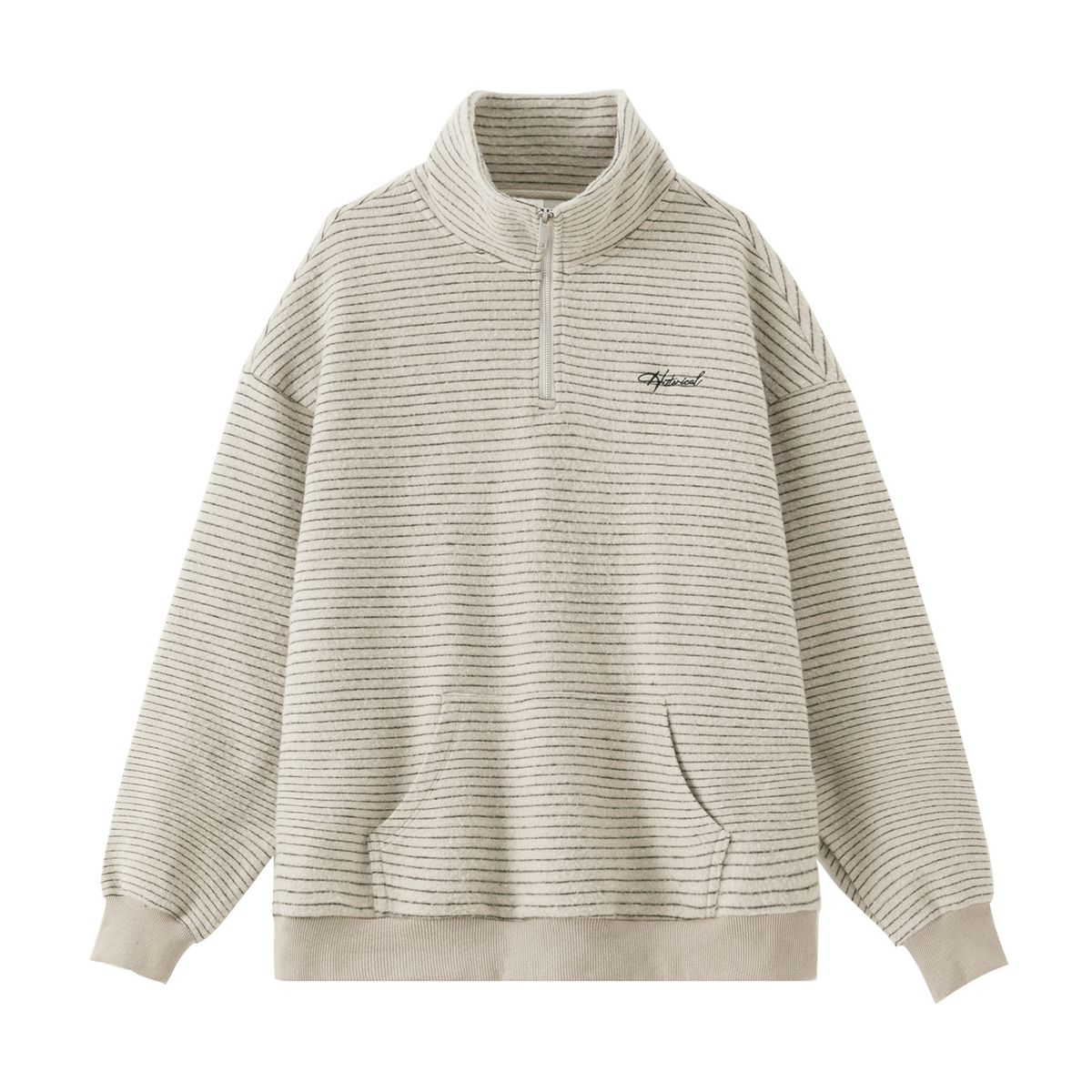 Vintage Stripe Heavyweight Crewneck Sweatshirt – Oversized Unisex Pullover With Split-Zip & Stand Collar (M-XXL, 94% Polyester/6% Spandex)_viptrois.com