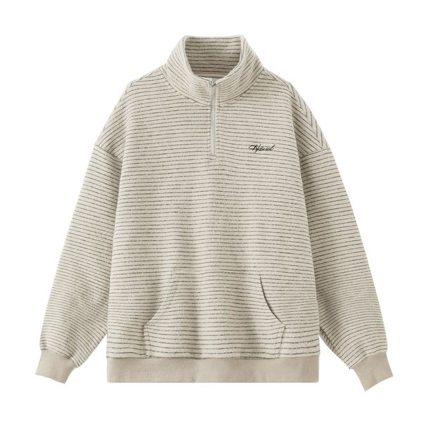 Vintage Stripe Heavyweight Crewneck Sweatshirt – Oversized Unisex Pullover With Split-Zip & Stand Collar (M-XXL, 94% Polyester/6% Spandex)_viptrois.com